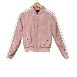 New Look Womens Pink Bomber Jacket White Stripe Size Medium‎ Sheen Zip Up Coat